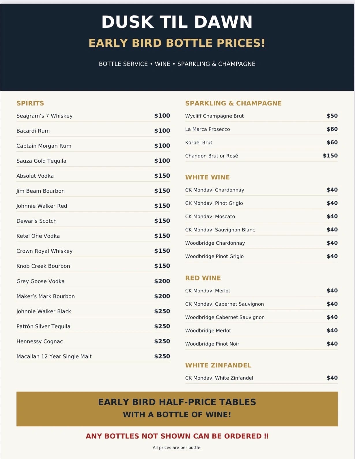 Dusk Til Dawn bottle service menu with early bird pricing