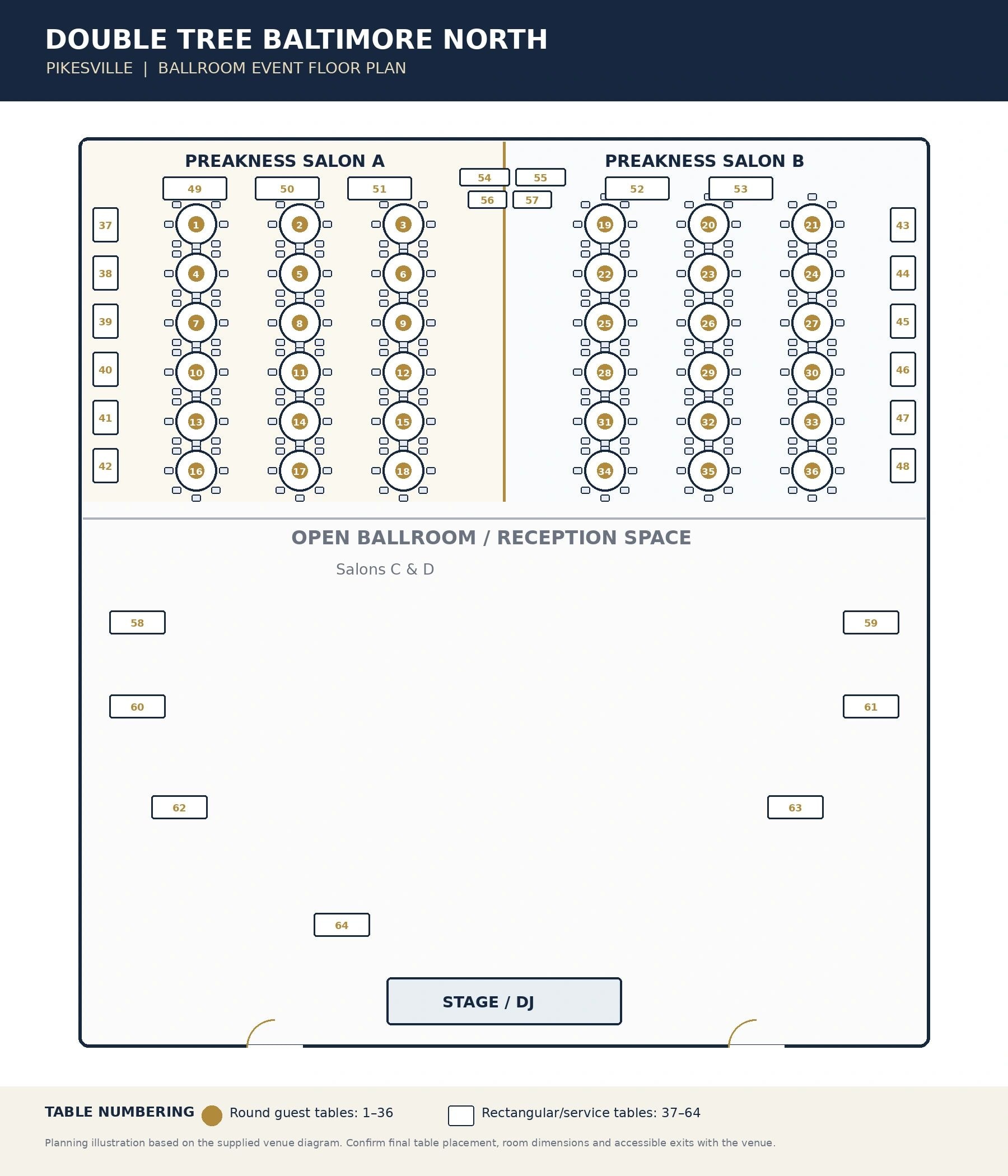 DoubleTree Baltimore North Pikesville ballroom event floor plan with numbered table layout